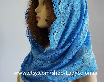 Blue Floral Wrap Veil, catholic veil Religious Orthodox veil church head covering Blue Infinity Scarf Mantilla Infinity veil Latin Mass Veil