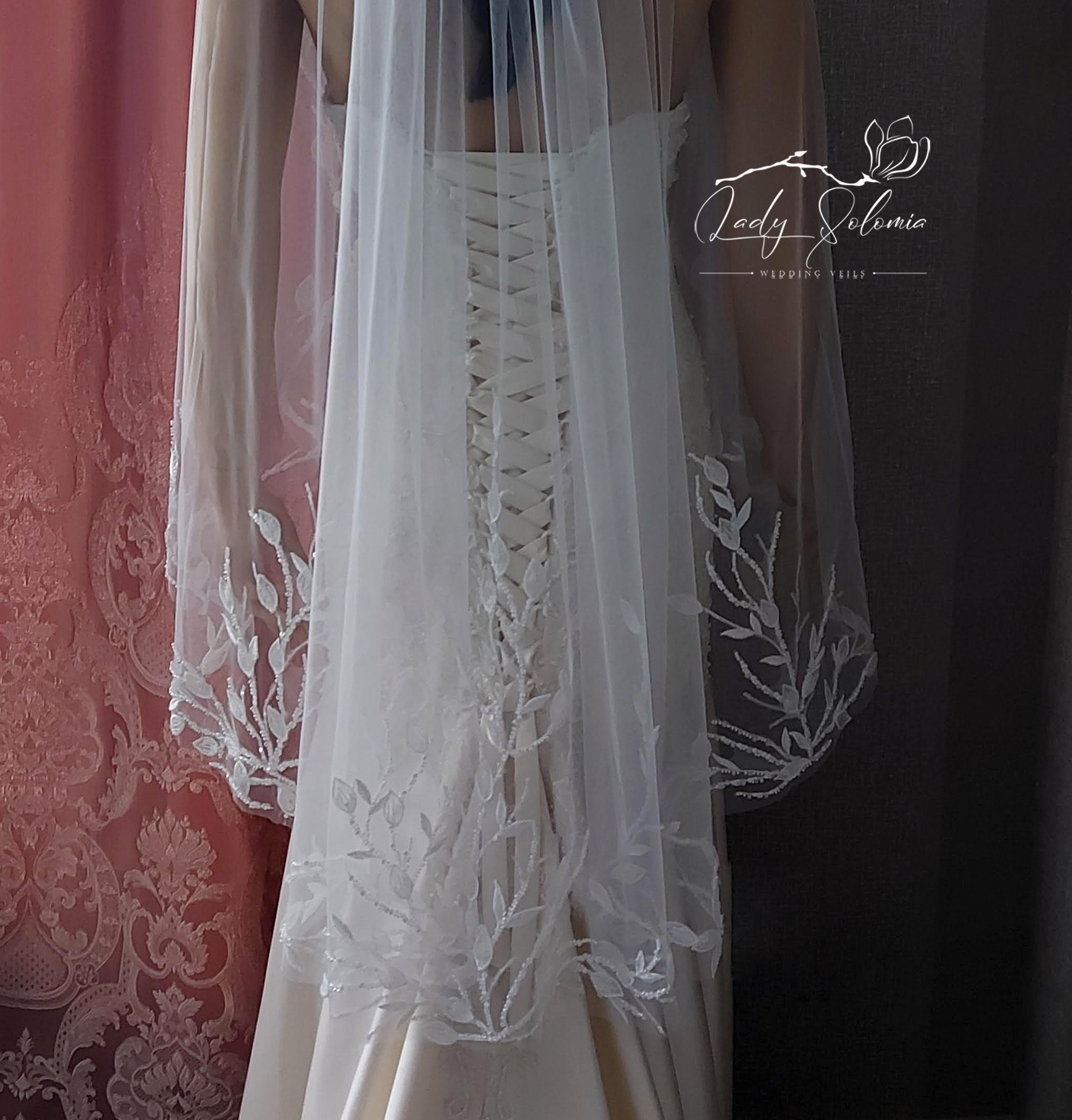 Leaves bridal veil Flowers wedding veil Flowers lace veil soft floral lace veil leaves cathedral beaded off-white veil Flowered bridal veil