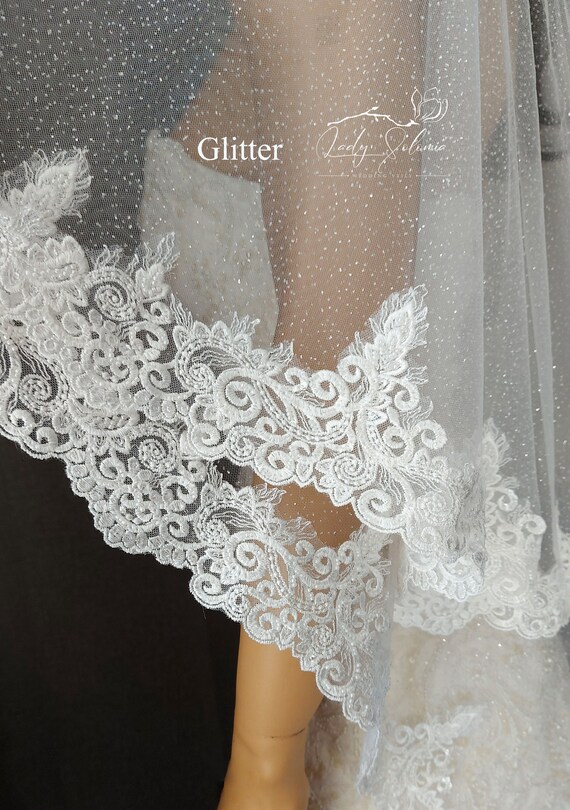 Beaded ivory lace trim fingertip wedding veil Fingertip Length Mantilla Wedding Veil with Beaded Lace Trim  main image 3