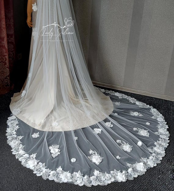 3D Floral Lace Glitter Veil Flowered Wedding Veil Leaves  display picture 3