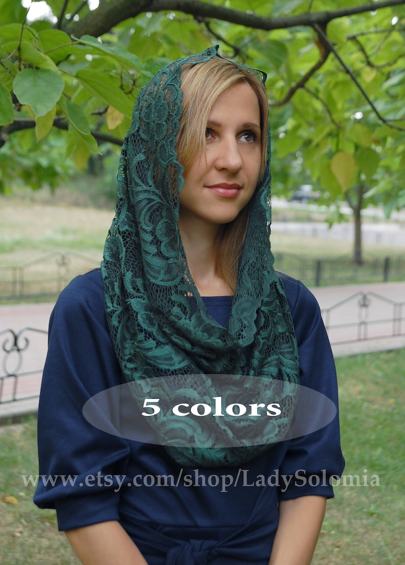 May include: A woman wearing a dark blue dress with a green lace shawl. The shawl is folded and draped around her neck. The text "5 colors" is visible on the image. The text "www.etsy.com/shop/LadySolemia" is also visible on the image.