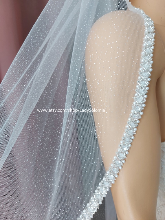 Beaded Trim with Shimmer Cathedral Veil Crystal Trimmed Cathedral Length Wedding Veil – One Blushing  main image 4