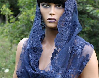 Blue Lace HeadCovering Catholic Mantilla, Orthodox veil, Catholic chapel veil, Infinity Blue Veil, latin mass veils Lace, cord lace veil