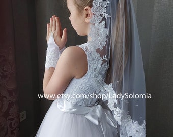 Beaded First Communion Veil, White First Holy Communion  Mantilla, White Flower girl veils, Lace girl Mantilla First Communion Mantilla Veil