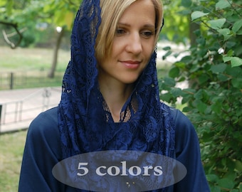Blue Traditional Catholic Infinity Mantilla veil, Blue Lace scarf, Head Сovering, Orthodox veils, Catholic, Veil for Mass, Lace church snood