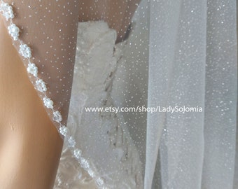 Pearls Bridal Veil Glitter Cathedral Wedding Veil with Pearl Bride Crystal edge Veil Pearl edge Beaded Bridal veil Beaded wedding shiny veil
