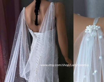 Pearl cape veil Cathedral draped Cape Wedding veil, Shoulder cape Veil with pearl