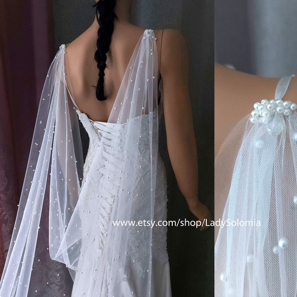 Pearl cape veil Cathedral draped Cape Wedding veil, Shoulder cape Veil with pearl