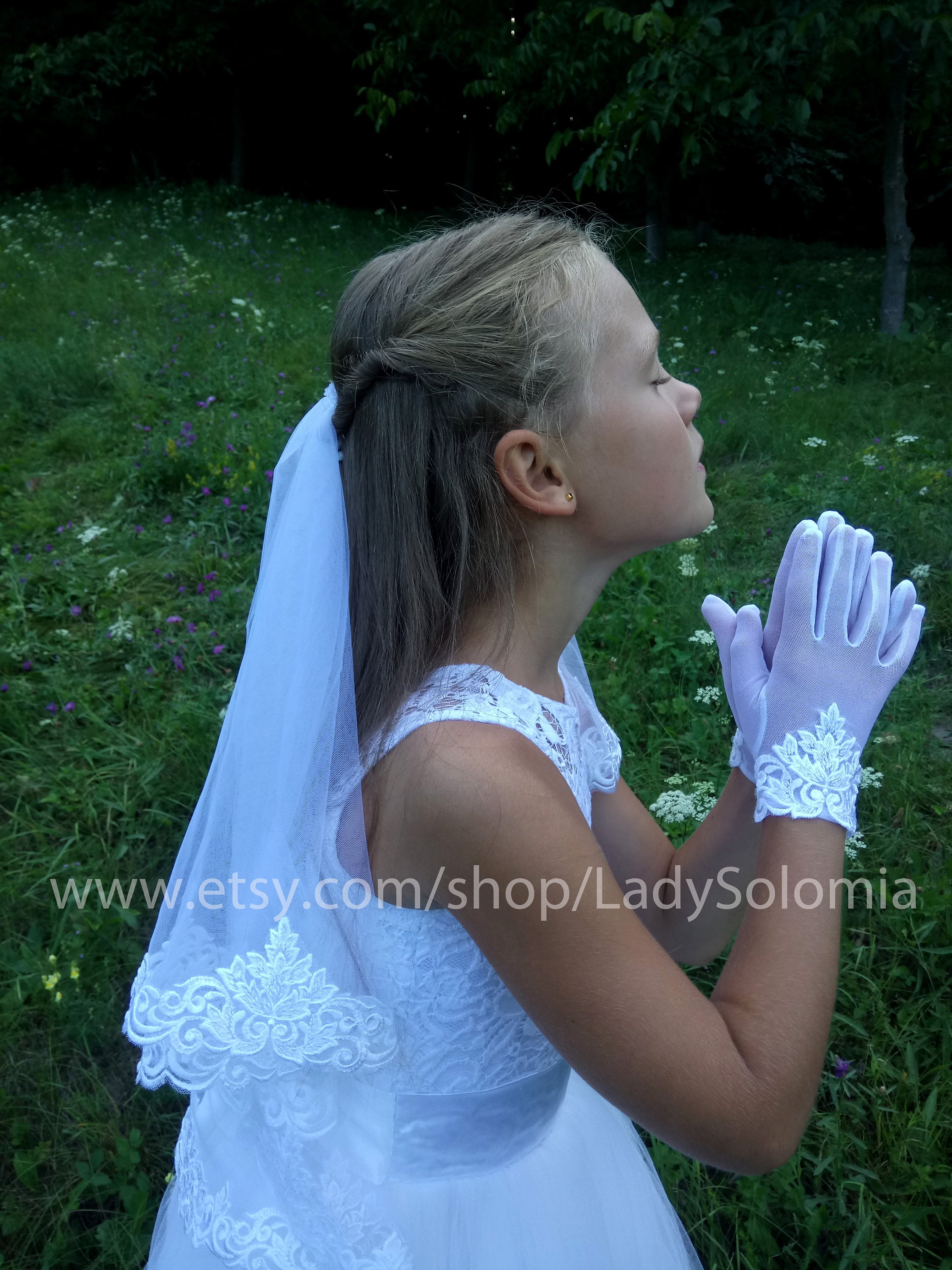 First Communion Veil Gloves lace Flower girl veils Holy Etsy