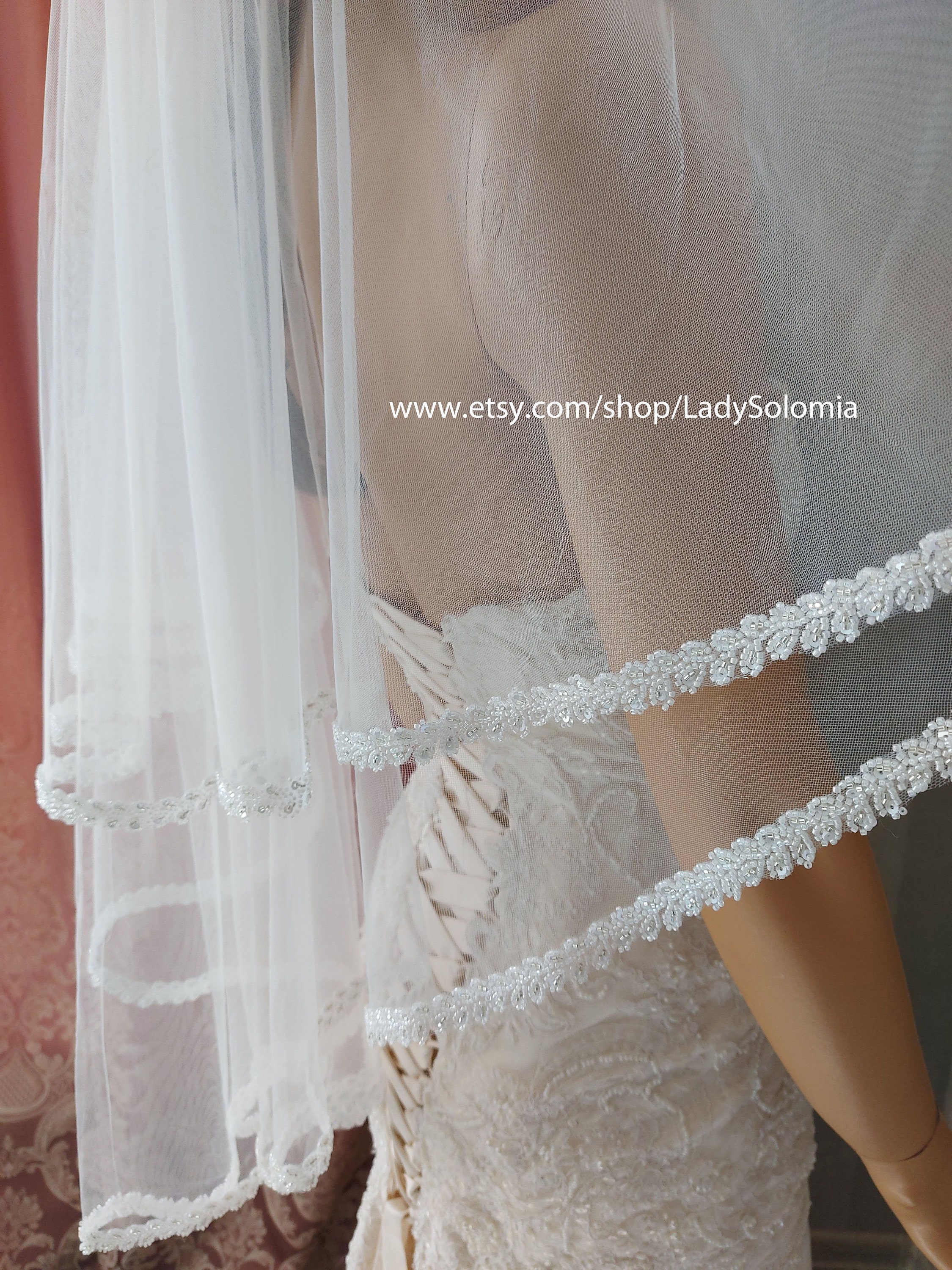 Brydealo Factory Beaded Two-Tiered Fingertip Length Designer Wedding Veil