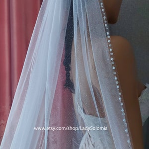 Glitter Veil Shiny veil One tier Glitter Pearls Bridal veil Beaded Wedding veil ivory Glitter Veil Fingertip veil Pearls Edge Veil Cathedral
