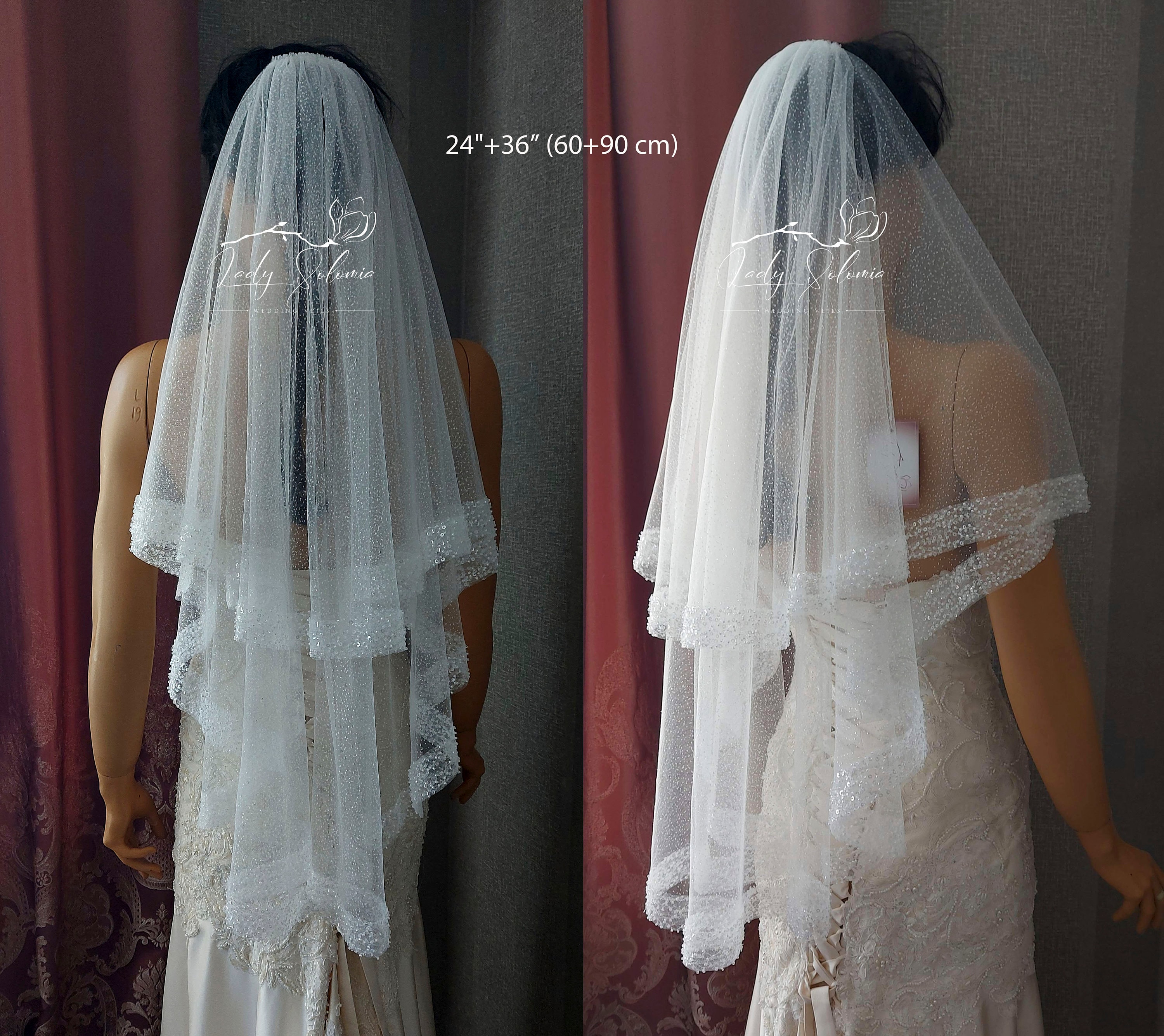 Bridal Glitter veil with beads Sparkling fingertip white and ivory