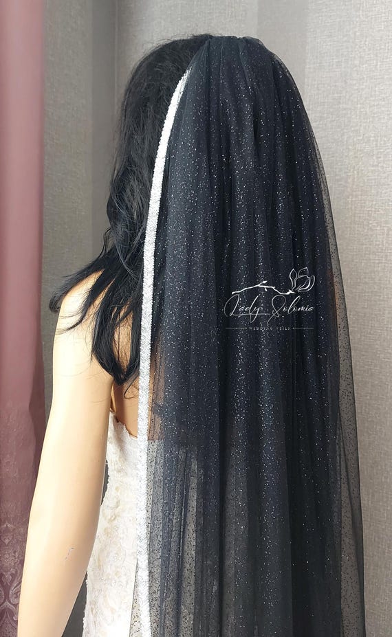Black Wedding Veil Glitter Veil Gothic Weddingveil Beaded  display picture 2