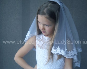 First Communion Veil  with sequins, 2 tier communion veil, Little girls veil, Flower girl veil, First Holy Communion, Communion Accessory
