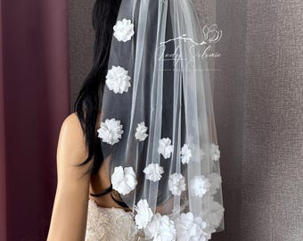 3D Flowers girl Veil Light ivory First communion veil One tier communion veil Holy communion lace flower girl veils little girls veil