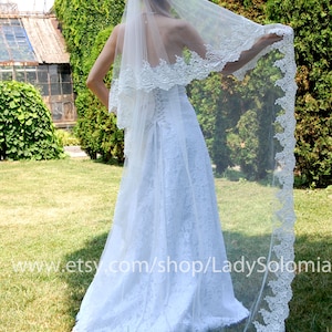 Blusher lace veil 72" Floor length (180 cm) Two tiers Veil for Cathedral Wedding vail Cathedral Drop Lace Veil, Veil with Eblow lace Blusher