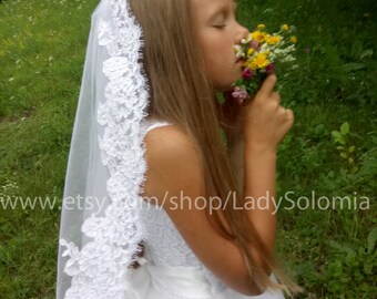 First communion veil lace communion veil flower girl veils, Little girls veil, Communion Accessory, French lace, White girls veil