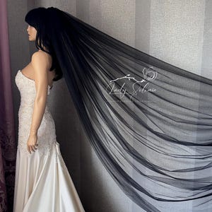May include: A long, sheer black wedding veil made of fine tulle fabric, draped elegantly to show its length and transparency. The veil features the white logo text Lady Solomia printed on the fabric. It is paired with a white lace wedding dress.