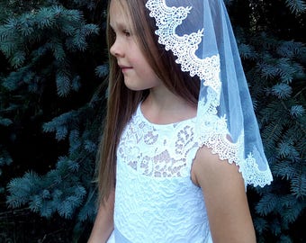 White Mantilla Communion Veil, First Communion Veil, Mantilla First Communion, Holy communion Little girls Lace Veil Communion Accessory