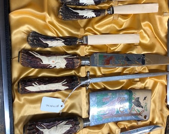 vintage carving set from solingen Germany with hands carved from stag antlers