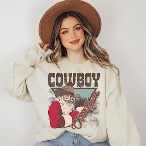 Cowboy kerstsweater | Vintage western kerst ronde hals | Trendy kersttrui | Kerstkleding