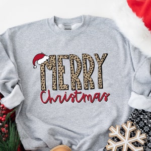 Leopard Print Merry Christmas Sweatshirt | Santa Hat Christmas Crewneck | Holiday Sweater | Christmas Apparel