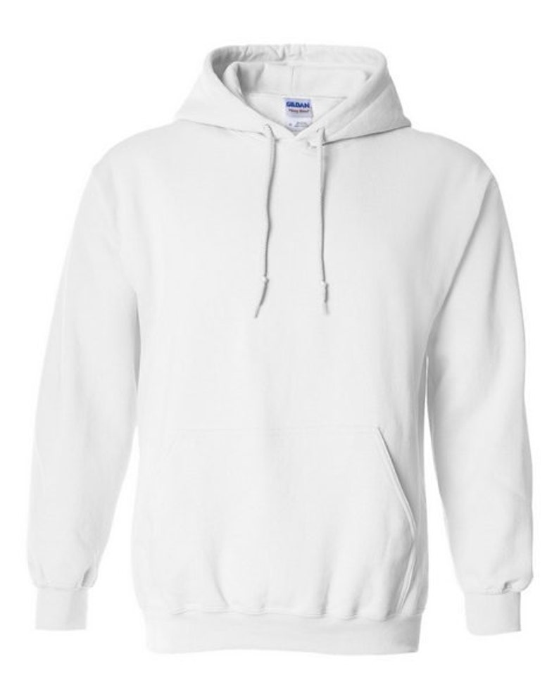 May include: A white hooded sweatshirt with a pouch pocket and a drawstring hood.