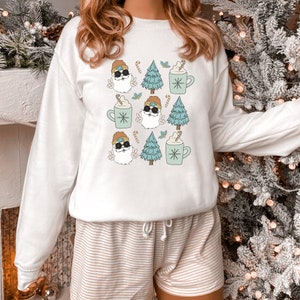 Groovy Santa Christmas Sweatshirt | Christmas Doodles Crewneck | Boho Christmas Trees Sweatshirt | Fun Christmas Sweatshirt