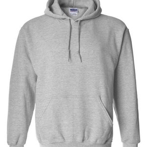 May include: A grey hooded sweatshirt with a pouch pocket. The sweatshirt has a drawstring hood and long sleeves.