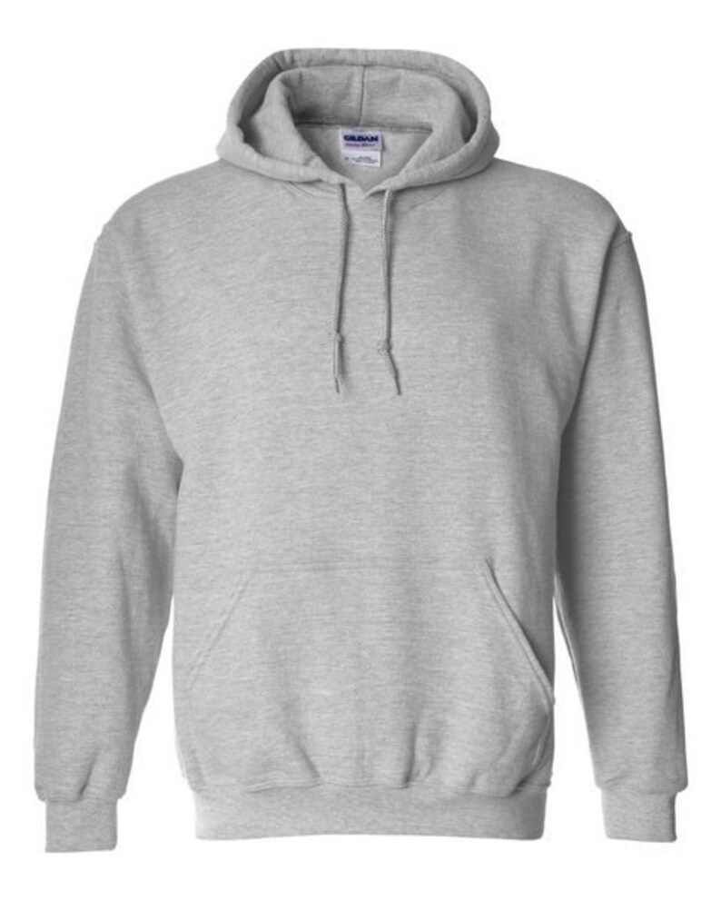 May include: A grey hooded sweatshirt with a pouch pocket. The sweatshirt has a drawstring hood and long sleeves.