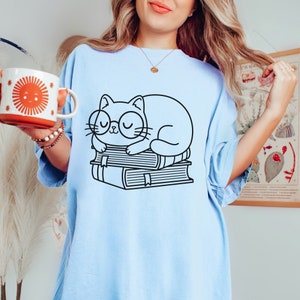 Book Lovers Pajamas | Bookworm Night Shirt | Cat Lovers Crewneck Gown | Cute Book Reading Apparel | Gift For Readers And Teachers