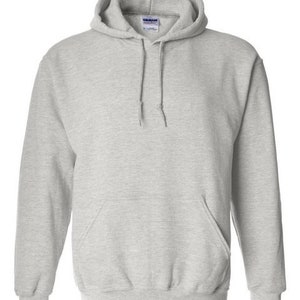 May include: A grey hooded sweatshirt with a pouch pocket. The sweatshirt has a drawstring hood and long sleeves.