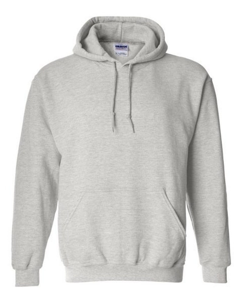 May include: A grey hooded sweatshirt with a pouch pocket. The sweatshirt has a drawstring hood and long sleeves.