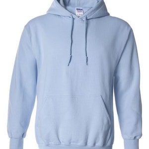 May include: A light blue hooded sweatshirt with a pouch pocket and a Gildan brand label.
