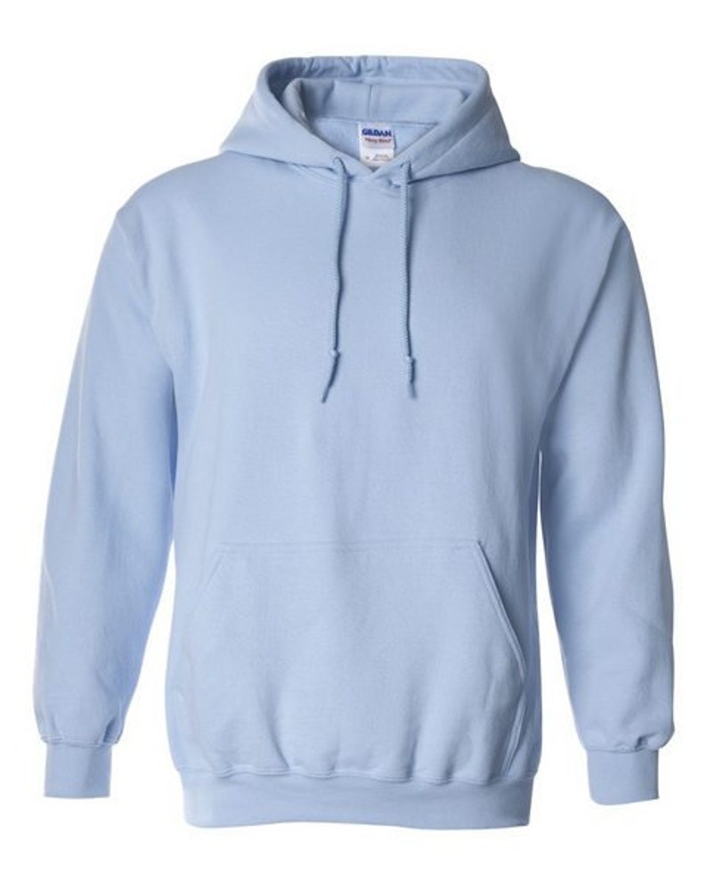 May include: A light blue hooded sweatshirt with a pouch pocket and a Gildan brand label.