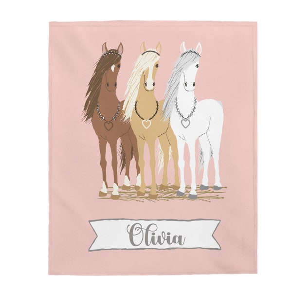 Girls Throw Blanket | Personalized Blanket with Horses | Toddler Blanket Personalized | Baby Name Blanket | Personalized Kids Blanket | Gift