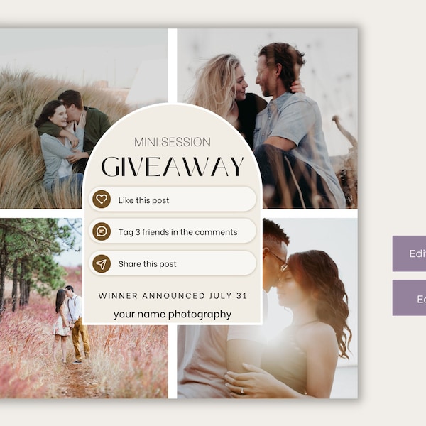 Photographer Giveaway Template | Contest Template, Edit in CANVA or Photoshop, Social Media Template, Like and Share, Enter To Win Template