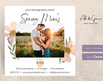 Spring Mini Session Template, Spring Photo Template, Spring Mini Session Template for Photographers,  Edit in CANVA & Photoshop, Spring Mini