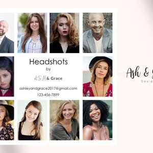 以下が含まれることがあります： 様々な人々のヘッドショットをコラージュしたもので、下に「Headshots by Ash & Grace」というテキストと連絡先情報が記載されています。