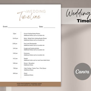 May include: A printable wedding timeline template with a brown and white color scheme. The template includes a section for the event name, date, and a list of events with corresponding times. The text "Wedding Timeline" is displayed at the top of the page.