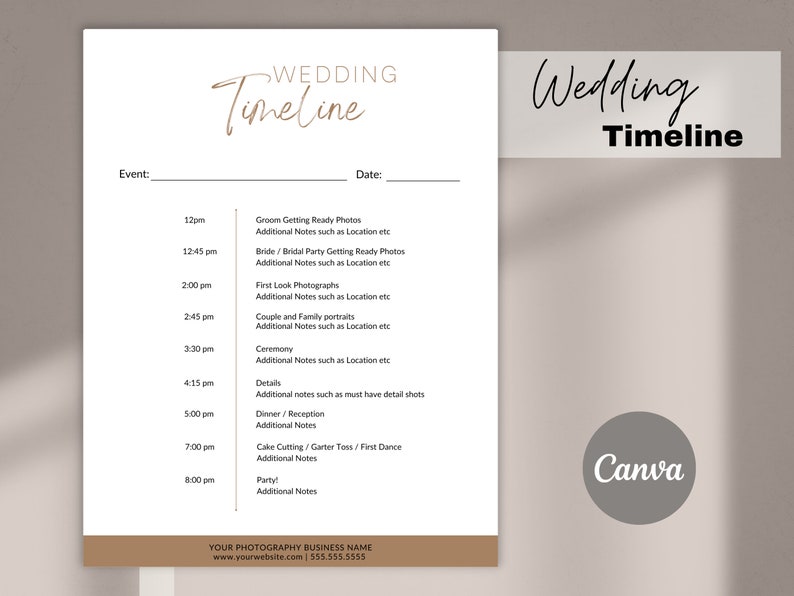 May include: A printable wedding timeline template with a brown and white color scheme. The template includes a section for the event name, date, and a list of events with corresponding times. The text "Wedding Timeline" is displayed at the top of the page.