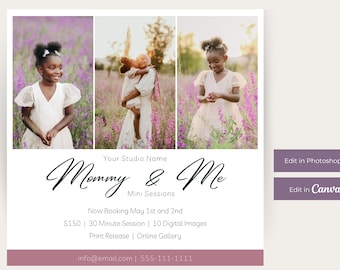 May include: A promotional graphic for "Mommy & Me" mini photo sessions. The design features three photos of a mother and daughter in a field of purple flowers. Text includes "Your Studio Name", "Mommy & Me", and booking information. Buttons say "Edit in Photoshop" and "Edit in Canva".