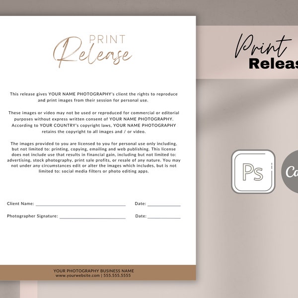 Print Release Template for Photographers, Print Release, Edit in Photoshop and CANVA, Photography Marketing Template, Photography Release