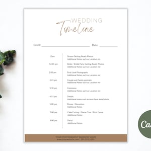 May include: A printable wedding timeline template with a brown and white color scheme. The template includes a list of events with times and space for additional notes. The text "Wedding Timeline" is written in a cursive font at the top of the page. The text "Canva" is at the bottom of the page.