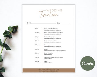 Modelo de cronograma | Modelo de cronograma do dia do casamento, cronograma do fotógrafo de casamento, modelo de programação de casamento, cronograma do evento, edição em CANVA