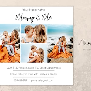 May include: Mommy & Me photography session advertisement featuring a collage of photos of a mother and son at the beach. The text includes the price, session length, number of edited digital images, and contact information.