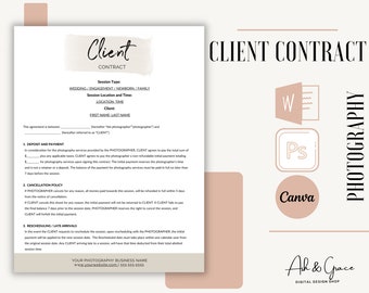 May include: A printable client contract template for photographers. The contract includes sections for deposit and payment, cancellation policy, rescheduling and late arrivals. The contract is designed in a minimalist style with a pink and white color scheme.