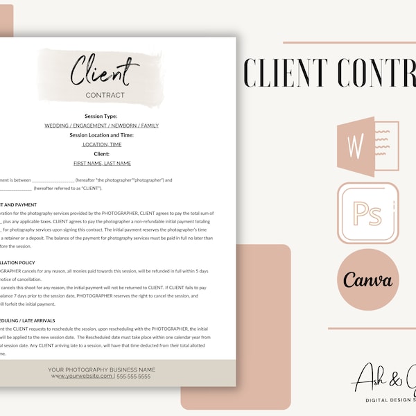 Photography Client Contract | Client Agreement, Session Contract Template, Wedding Photography Contract, Edit in Photoshop MS WORD or CANVA