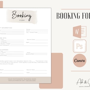 Client Booking Form for Photographers, Photoshop Template for Photographers, Client Session Form editable in photoshop MS Word and Canva