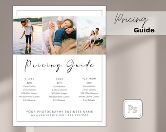 Guía de precios de fotografía / Editable en Photoshop, Guía de precios para fotógrafos, Lista de precios de fotografías, Guía de precios de una sola página